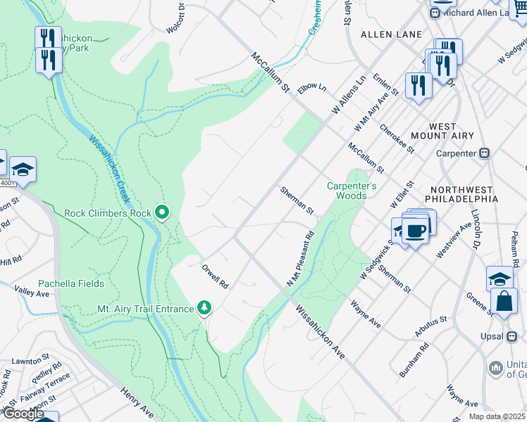 map of restaurants, bars, coffee shops, grocery stores, and more near 734 West Allens Lane in Philadelphia