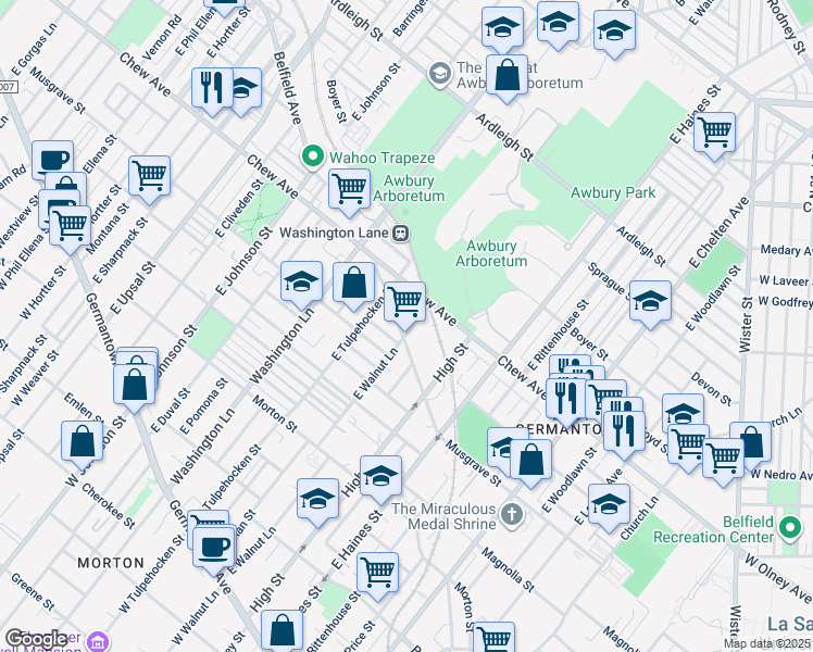 map of restaurants, bars, coffee shops, grocery stores, and more near 525 East Walnut Lane in Philadelphia