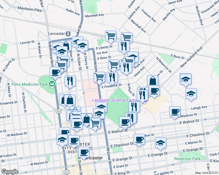 map of restaurants, bars, coffee shops, grocery stores, and more near 240 East Frederick Street in Lancaster