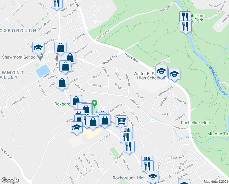 map of restaurants, bars, coffee shops, grocery stores, and more near 7273 Valley Avenue in Philadelphia