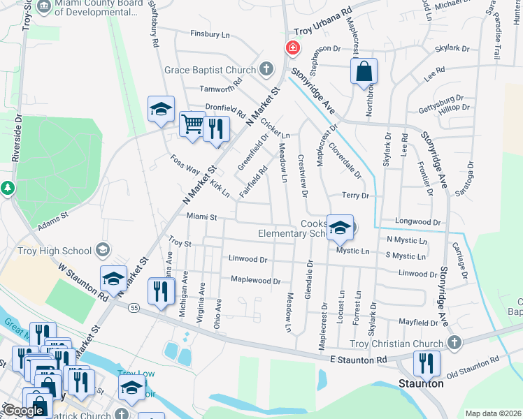 map of restaurants, bars, coffee shops, grocery stores, and more near 566 Kirk Lane in Troy