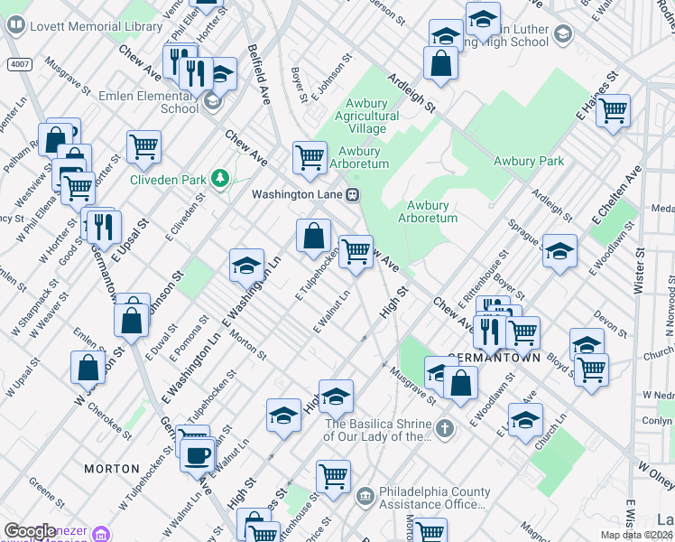 map of restaurants, bars, coffee shops, grocery stores, and more near 522 East Tulpehocken Street in Philadelphia