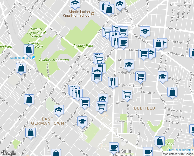 map of restaurants, bars, coffee shops, grocery stores, and more near 5659 Sprague Street in Philadelphia