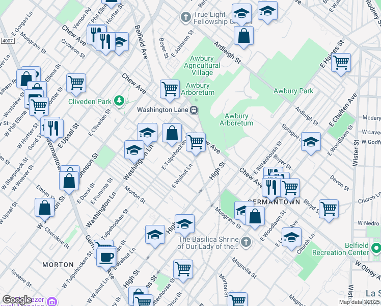 map of restaurants, bars, coffee shops, grocery stores, and more near 522 East Tulpehocken Street in Philadelphia