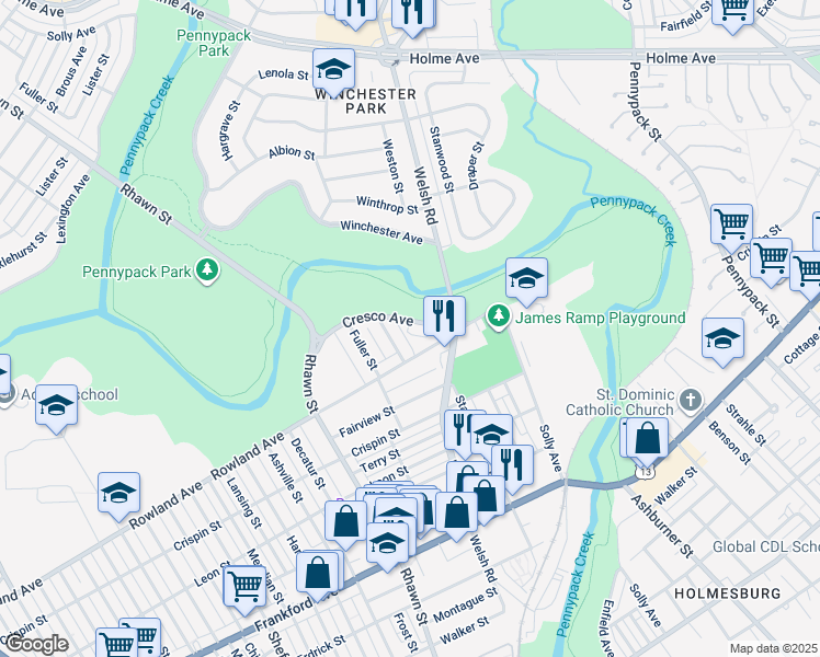 map of restaurants, bars, coffee shops, grocery stores, and more near 8117 Cresco Avenue in Philadelphia
