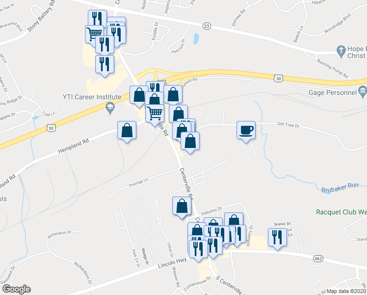 map of restaurants, bars, coffee shops, grocery stores, and more near 245 Centerville Road in Lancaster