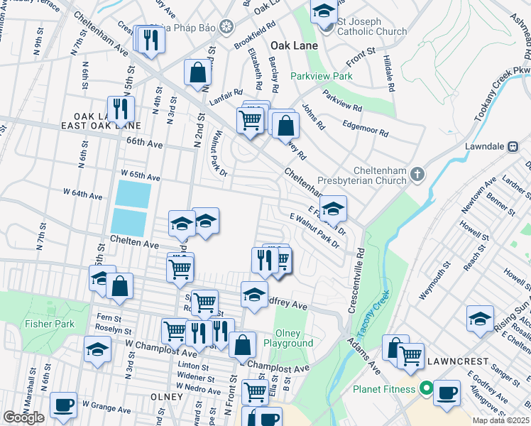 map of restaurants, bars, coffee shops, grocery stores, and more near 6411 North Front Street in Philadelphia