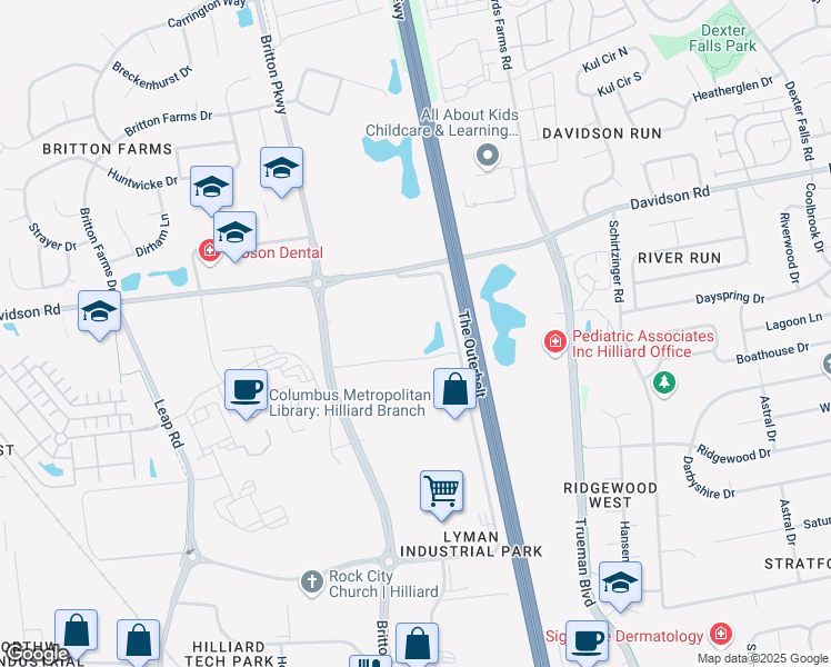 map of restaurants, bars, coffee shops, grocery stores, and more near 4381 Davidson Road in Hilliard