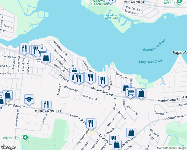 map of restaurants, bars, coffee shops, grocery stores, and more near 25 Hampton Road in Brick Township