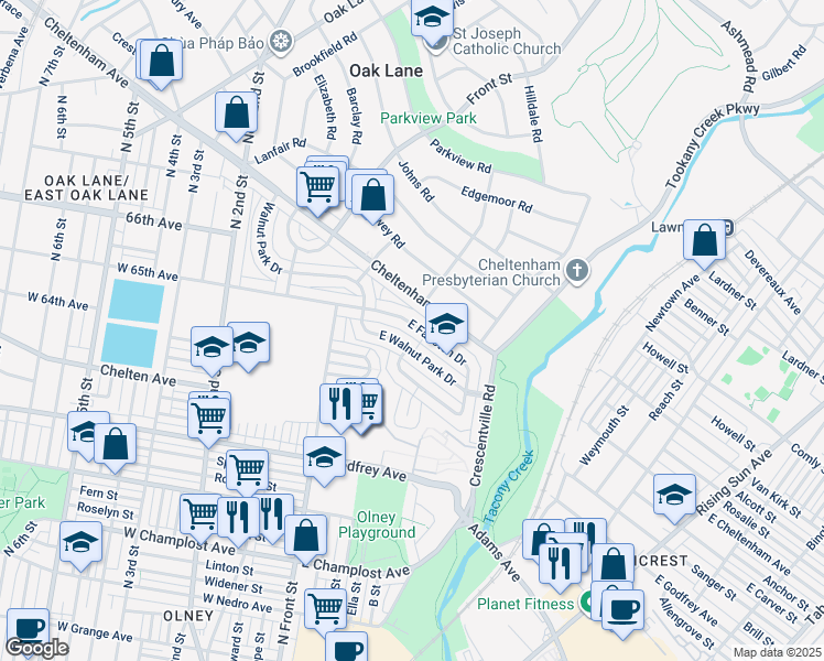map of restaurants, bars, coffee shops, grocery stores, and more near 170 East Fariston Drive in Philadelphia