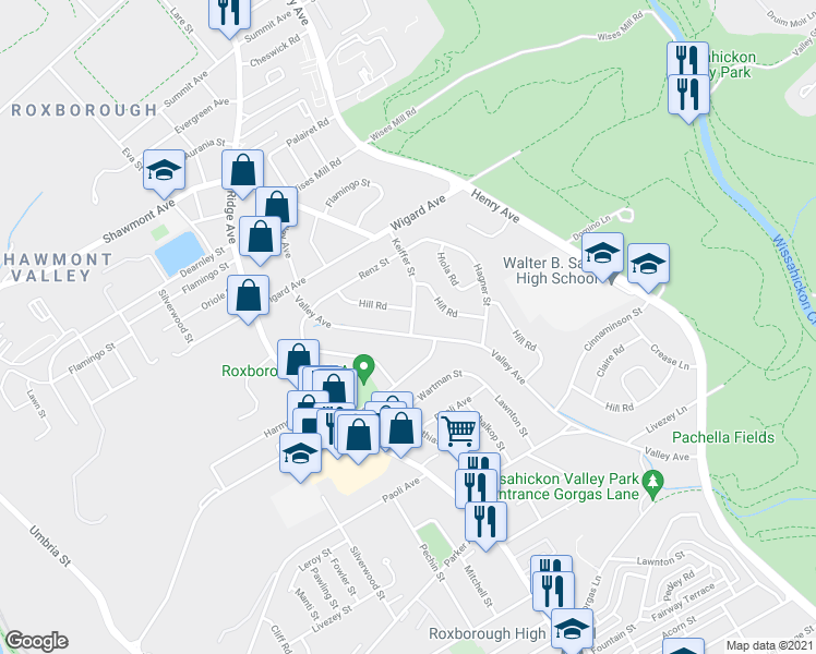 map of restaurants, bars, coffee shops, grocery stores, and more near 7301 Valley Avenue in Philadelphia