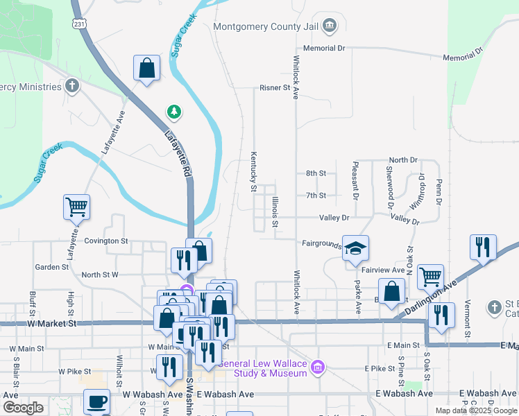 map of restaurants, bars, coffee shops, grocery stores, and more near 606 Kentucky Street in Crawfordsville