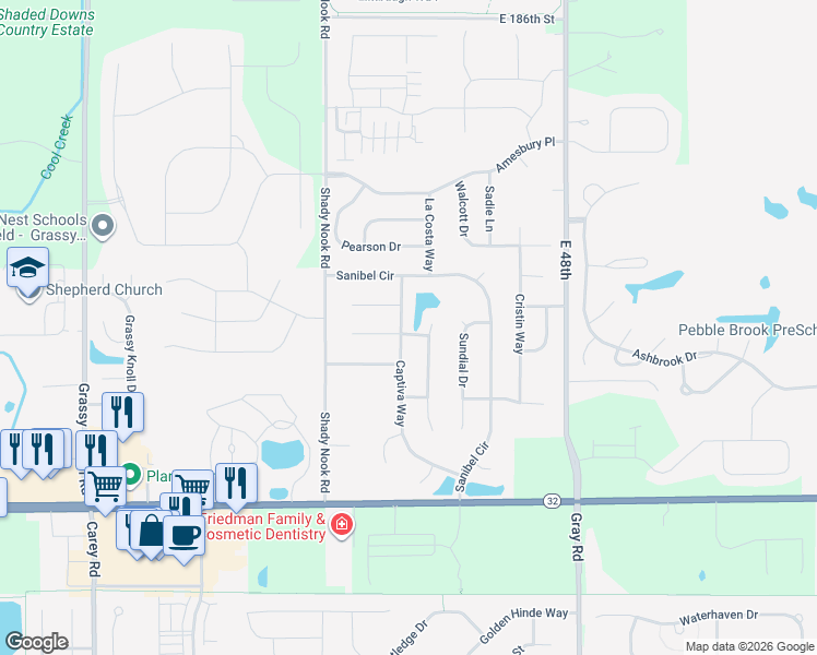map of restaurants, bars, coffee shops, grocery stores, and more near 4226 Manasota Court in Noblesville