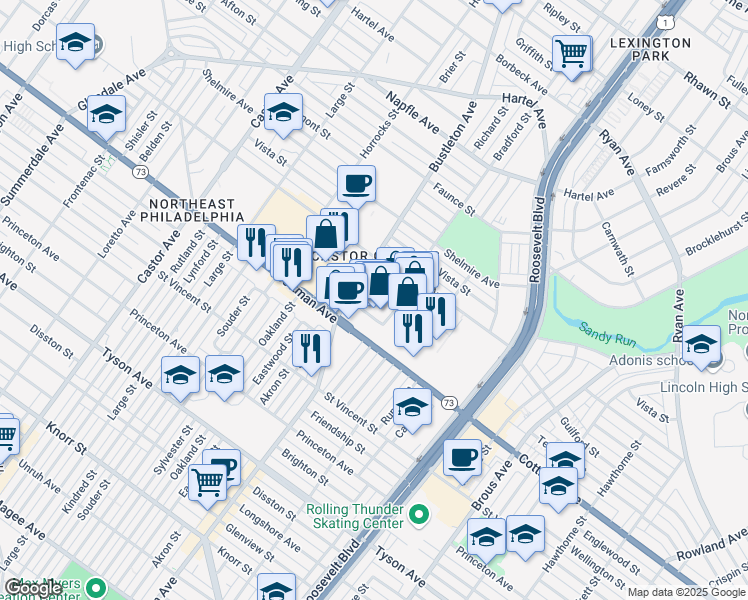map of restaurants, bars, coffee shops, grocery stores, and more near 2329 Cottman Avenue in Philadelphia
