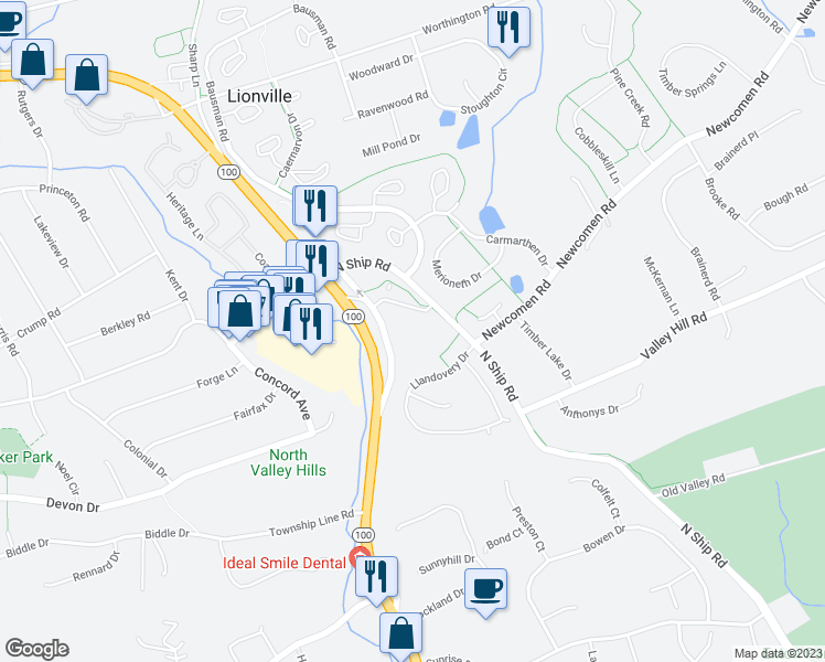 map of restaurants, bars, coffee shops, grocery stores, and more near 715 North Ship Road in Exton