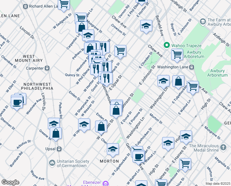 map of restaurants, bars, coffee shops, grocery stores, and more near 100 East Cliveden Street in Philadelphia