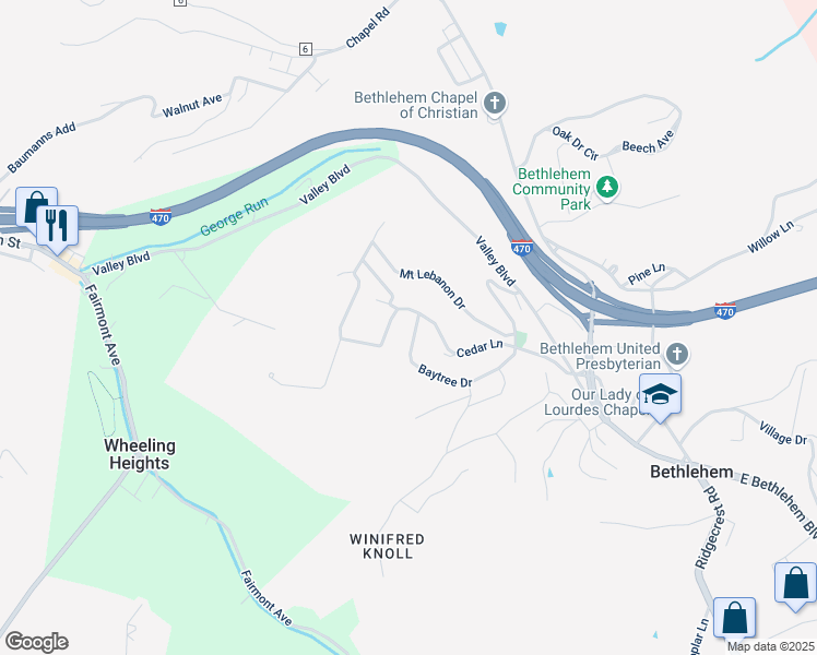 map of restaurants, bars, coffee shops, grocery stores, and more near 51 Baytree Drive in Wheeling