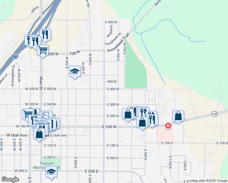 map of restaurants, bars, coffee shops, grocery stores, and more near 676 East 400 North in Payson