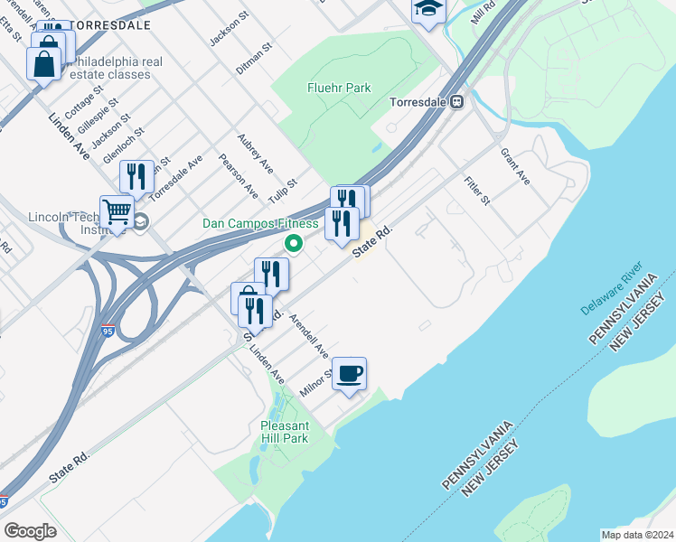 map of restaurants, bars, coffee shops, grocery stores, and more near 9400 State Road in Philadelphia