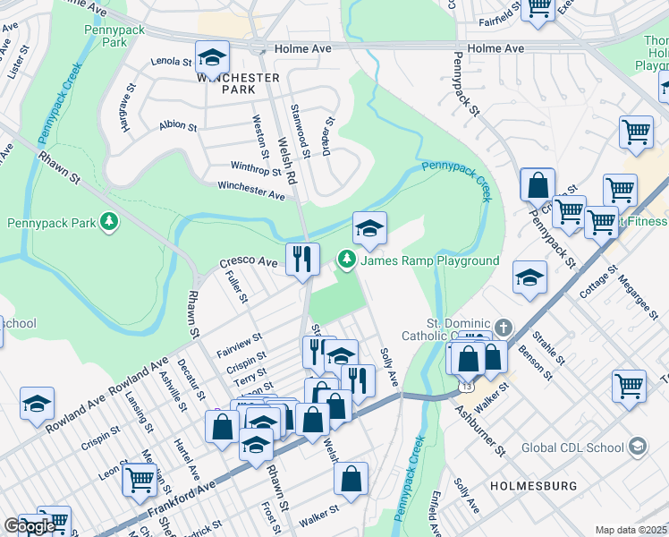 map of restaurants, bars, coffee shops, grocery stores, and more near 3300 Hess Street in Philadelphia