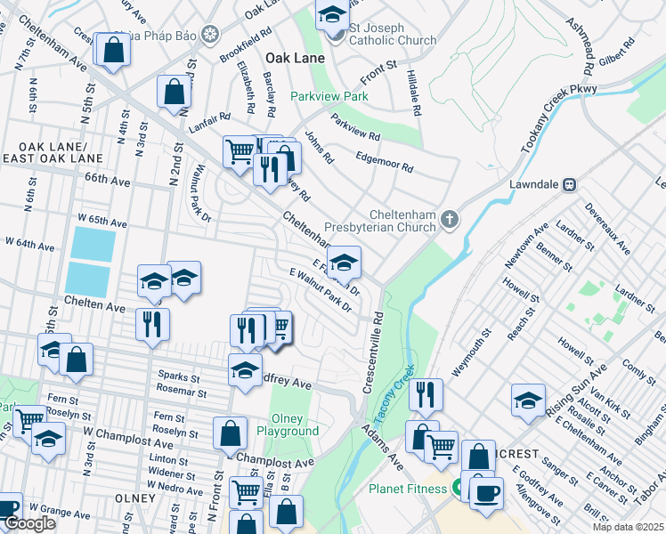map of restaurants, bars, coffee shops, grocery stores, and more near 167 East Fariston Drive in Philadelphia