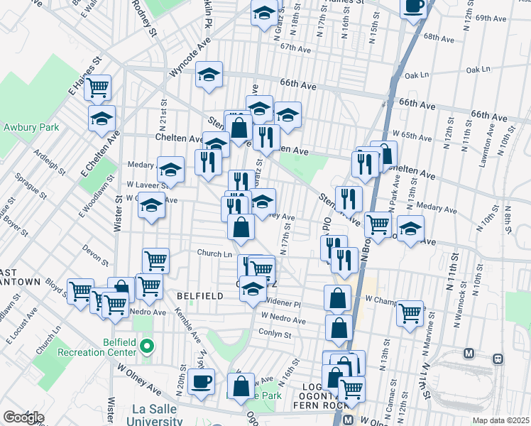 map of restaurants, bars, coffee shops, grocery stores, and more near 1725 West Godfrey Avenue in Philadelphia