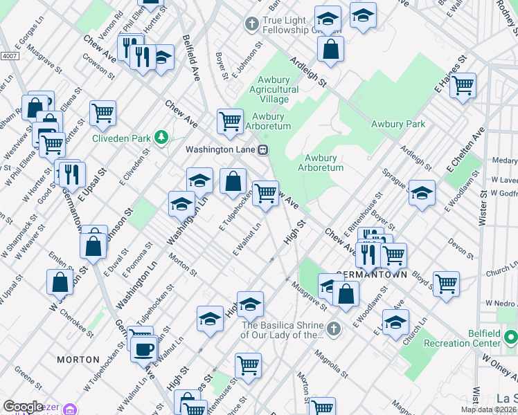 map of restaurants, bars, coffee shops, grocery stores, and more near 522 East Tulpehocken Street in Philadelphia