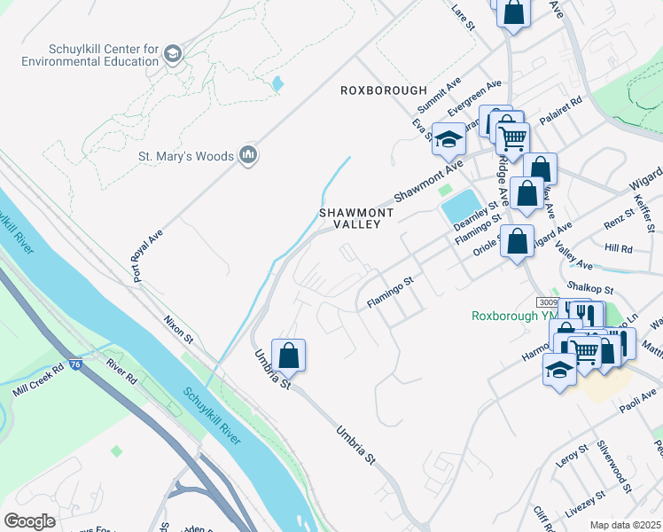 map of restaurants, bars, coffee shops, grocery stores, and more near 267 Shawmont Avenue in Philadelphia