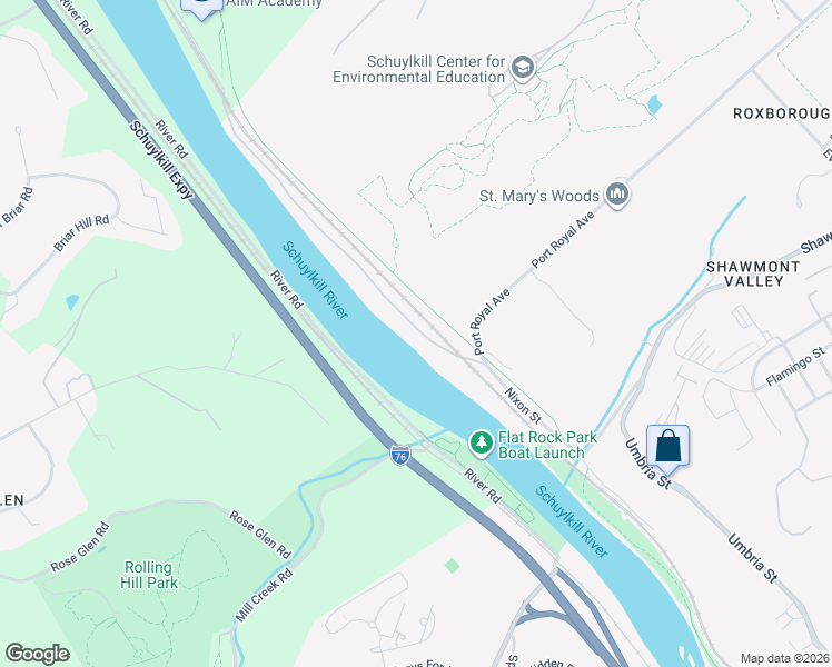 map of restaurants, bars, coffee shops, grocery stores, and more near 3 1/2 River Road in Philadelphia