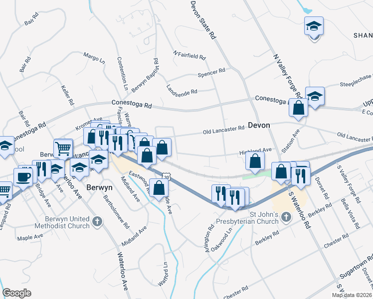 map of restaurants, bars, coffee shops, grocery stores, and more near 337 Highland Avenue in Devon