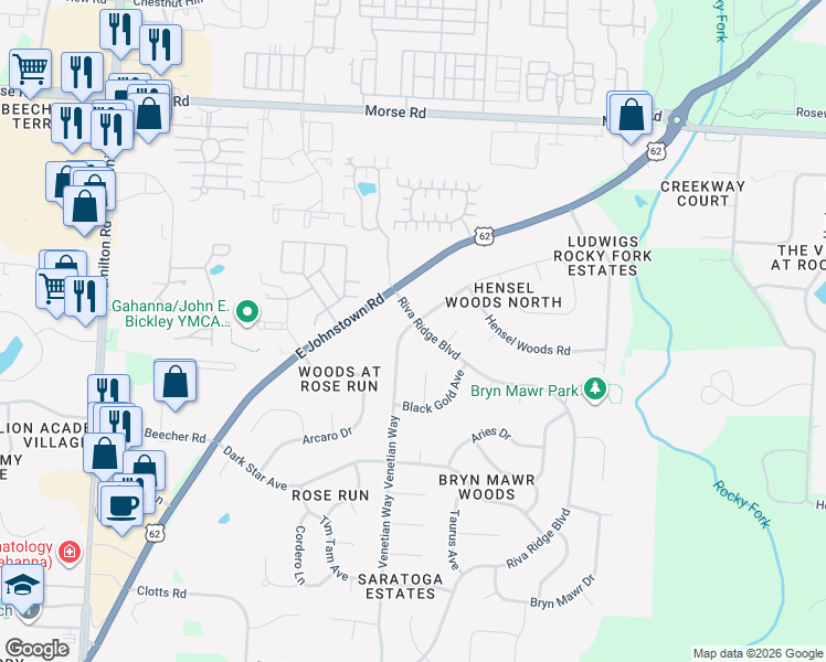 map of restaurants, bars, coffee shops, grocery stores, and more near 1175 Riva Ridge Boulevard in Columbus