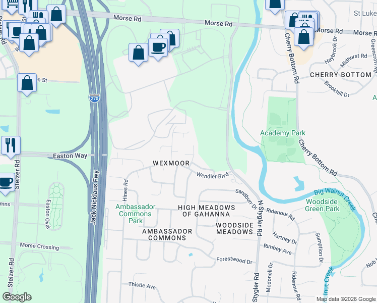 map of restaurants, bars, coffee shops, grocery stores, and more near 3607 Ringling Lane in Columbus
