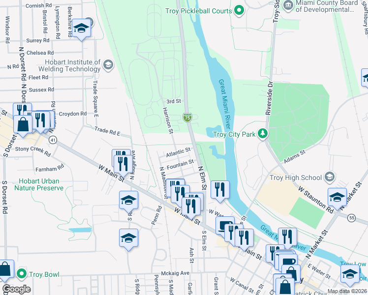 map of restaurants, bars, coffee shops, grocery stores, and more near 819 Atlantic Street in Troy