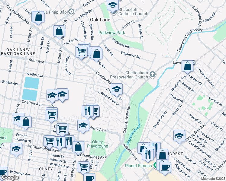 map of restaurants, bars, coffee shops, grocery stores, and more near 167 East Fariston Drive in Philadelphia