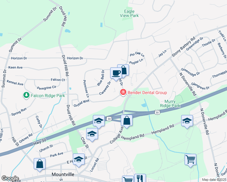 map of restaurants, bars, coffee shops, grocery stores, and more near 315 Primrose Lane in Mountville
