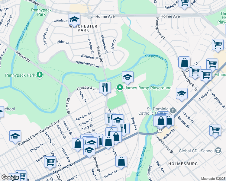 map of restaurants, bars, coffee shops, grocery stores, and more near 3300 Hess Street in Philadelphia