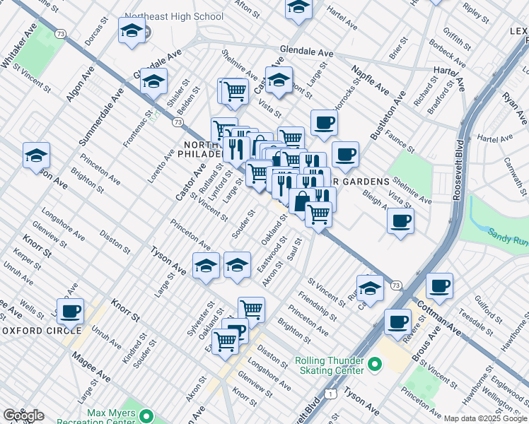 map of restaurants, bars, coffee shops, grocery stores, and more near 7252 Horrocks Street in Philadelphia