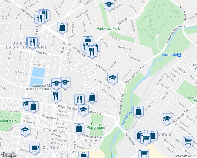 map of restaurants, bars, coffee shops, grocery stores, and more near 175 East Walnut Park Drive in Philadelphia