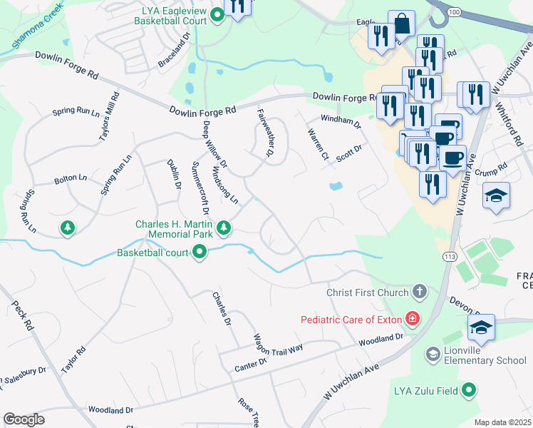 map of restaurants, bars, coffee shops, grocery stores, and more near 329 Laurel-Moors Drive in Exton