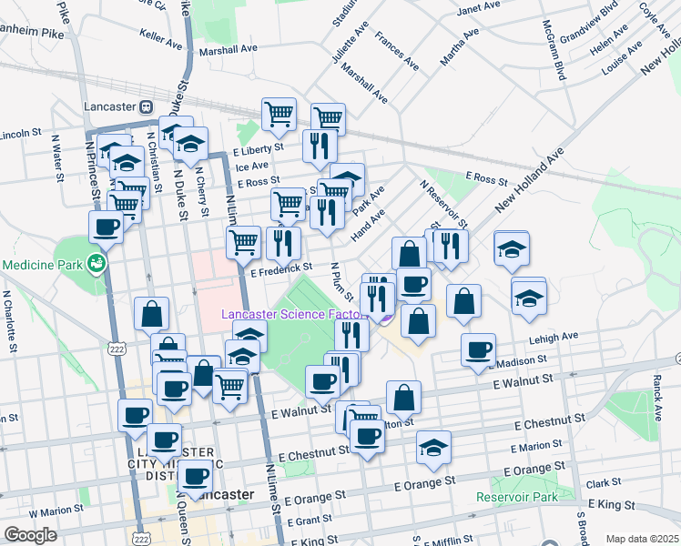 map of restaurants, bars, coffee shops, grocery stores, and more near 587 North Plum Street in Lancaster
