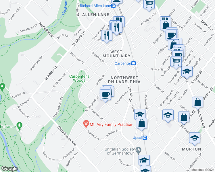 map of restaurants, bars, coffee shops, grocery stores, and more near 6930 McCallum Street in Philadelphia