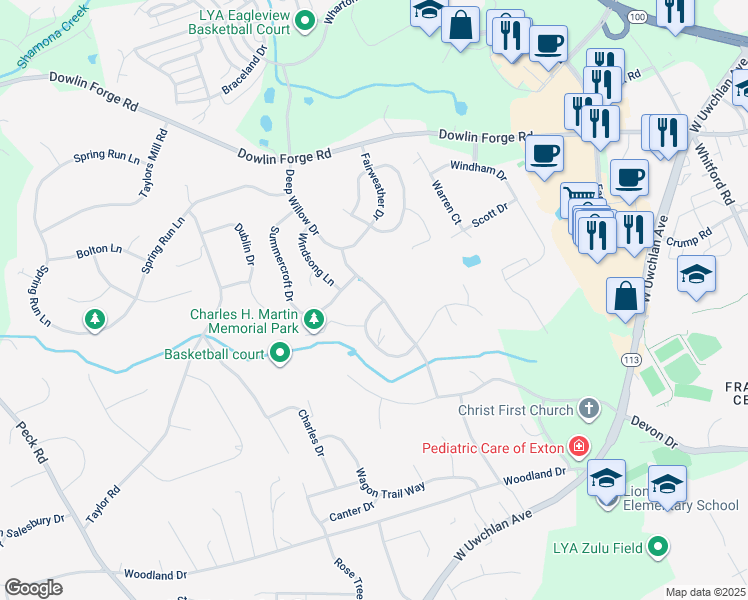 map of restaurants, bars, coffee shops, grocery stores, and more near 329 Laurel-Moors Drive in Exton