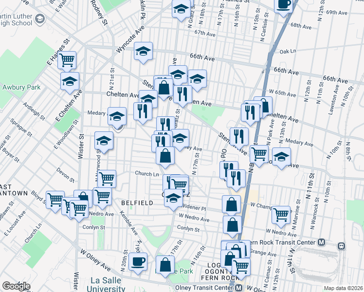 map of restaurants, bars, coffee shops, grocery stores, and more near 1725 West Godfrey Avenue in Philadelphia