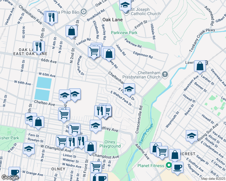 map of restaurants, bars, coffee shops, grocery stores, and more near 175 East Walnut Park Drive in Philadelphia