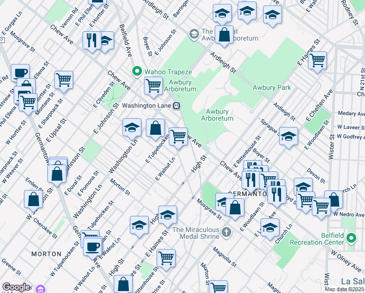 map of restaurants, bars, coffee shops, grocery stores, and more near 535 E Walnut Ln in Philadelphia