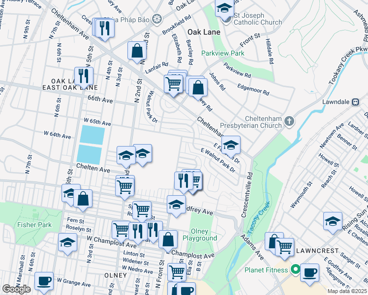 map of restaurants, bars, coffee shops, grocery stores, and more near 6413 North Front Street in Philadelphia