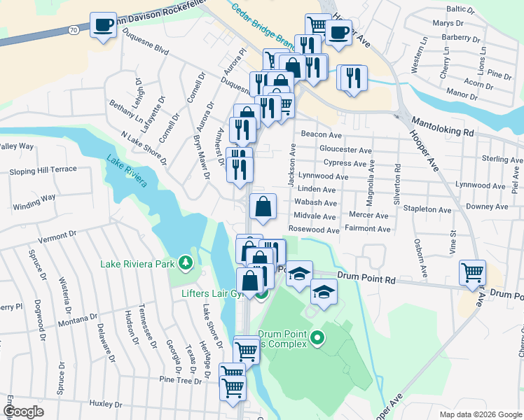 map of restaurants, bars, coffee shops, grocery stores, and more near 451 Brick Boulevard in Brick Township