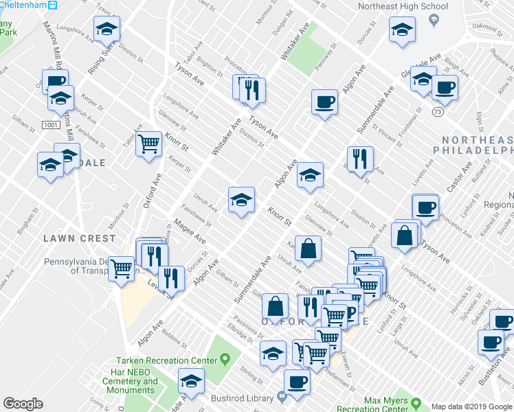 map of restaurants, bars, coffee shops, grocery stores, and more near 1038 Knorr Street in Philadelphia