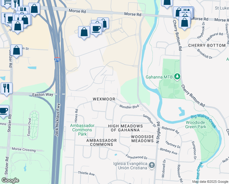 map of restaurants, bars, coffee shops, grocery stores, and more near 3607 Ringling Lane in Columbus
