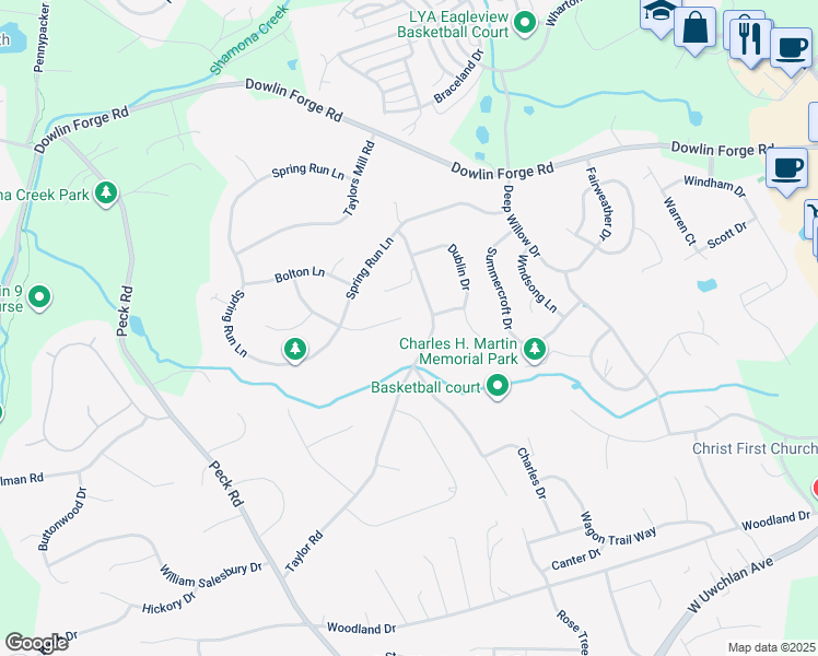 map of restaurants, bars, coffee shops, grocery stores, and more near 213 Trowbridge Lane in Downingtown